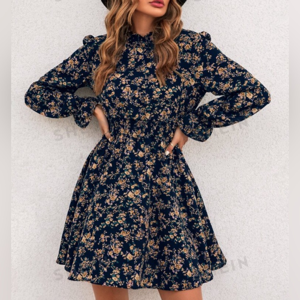 Allover Floral Print Shirred Waist A-line Dress